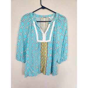 Crown and Ivy Turquoise Blue Geometric Printed Popover Blouse Top Size PM